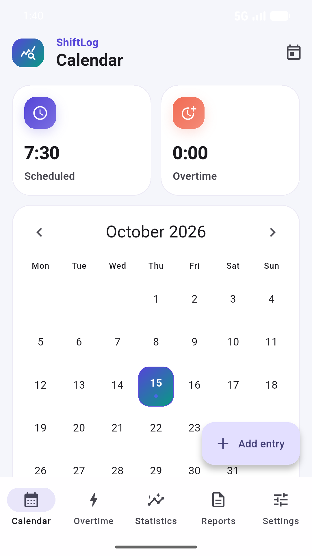 ShiftLog calendar screen